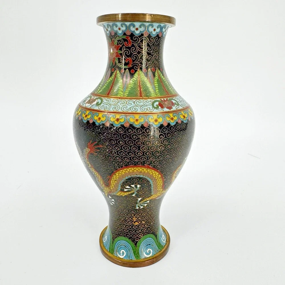 Chinese Cloisonné Floral Vase Double Dragon Black Enameled 6” Vintage Brass Edge